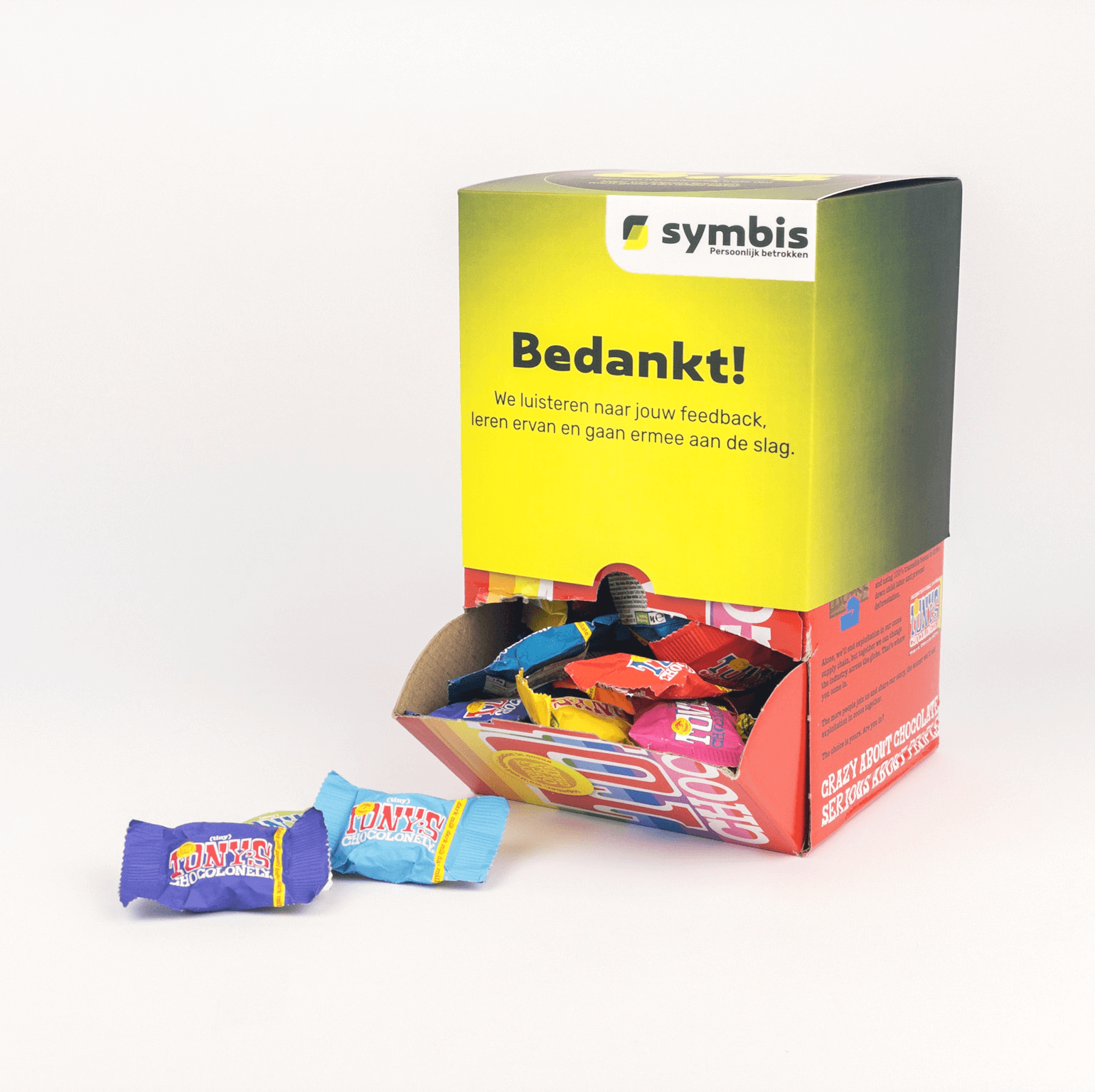 Doos Tiny Tony's 900 gram met gepersonaliseerde sleeve bedrukt in eigen ontwerp