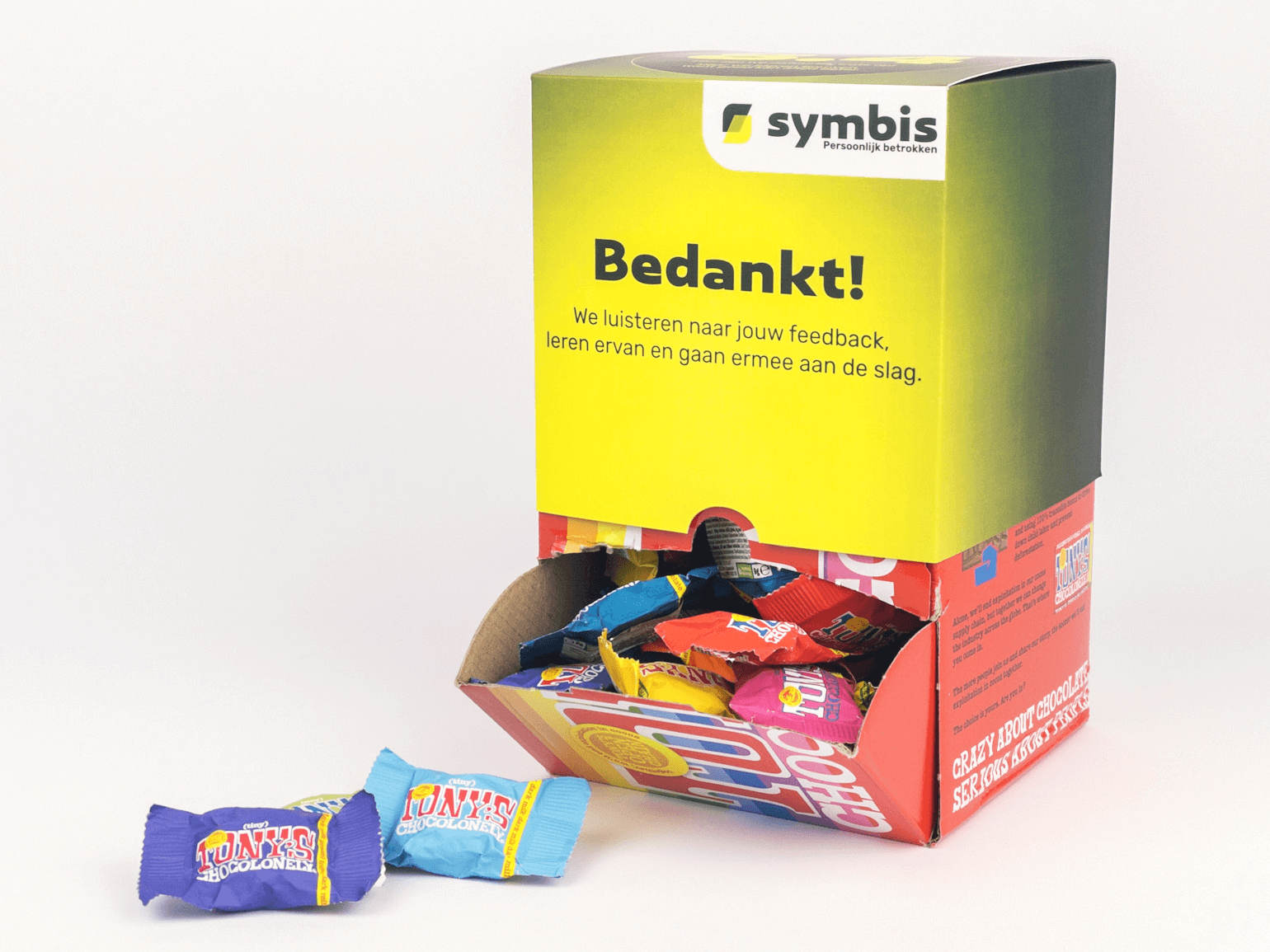 Doos Tiny Tony's 900 gram met gepersonaliseerde sleeve bedrukt in eigen ontwerp